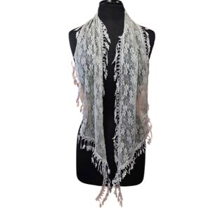 Vintage Y2K Sage Lace Fringe Scarf Boho Chic Bohemian Hippie Wrap